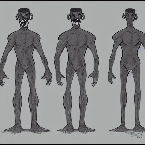Image similar to character turnaround sheet for a monster in a human body in the style of aaron blaise