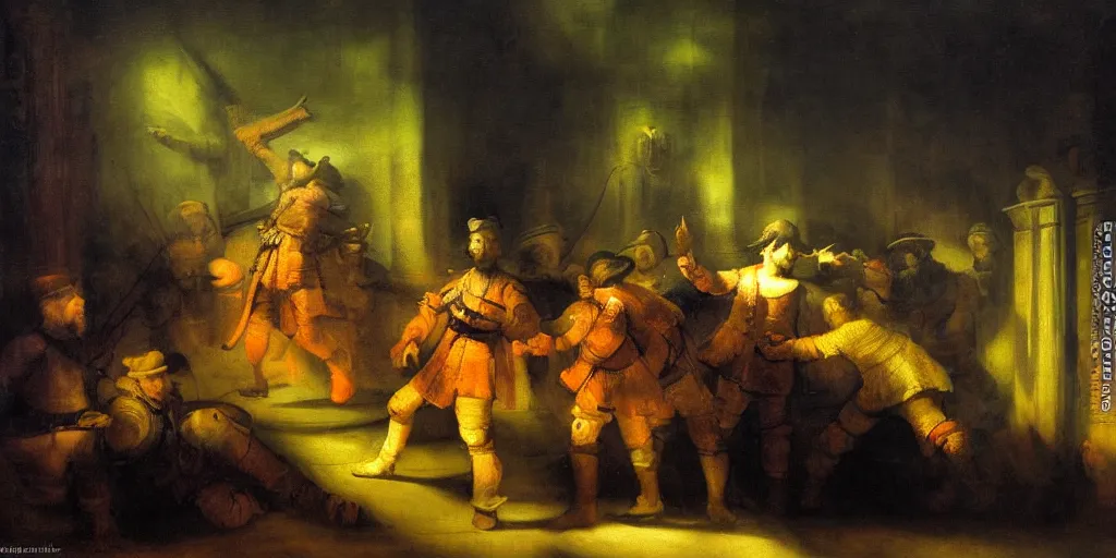 Prompt: futuristic neon lighting scene of death of the money lenders, futuristic oil painting by rembrandt with led panel screens and projections, dynamic lighting, black and orange colour palette