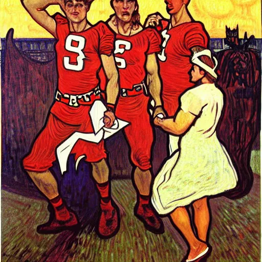 Image similar to painting of arkansas razorbacks players at the halloween jack o'lantern party, elegant, clear, painting, stylized, delicate, soft facial features, art, art by alphonse mucha, vincent van gogh, egon schiele