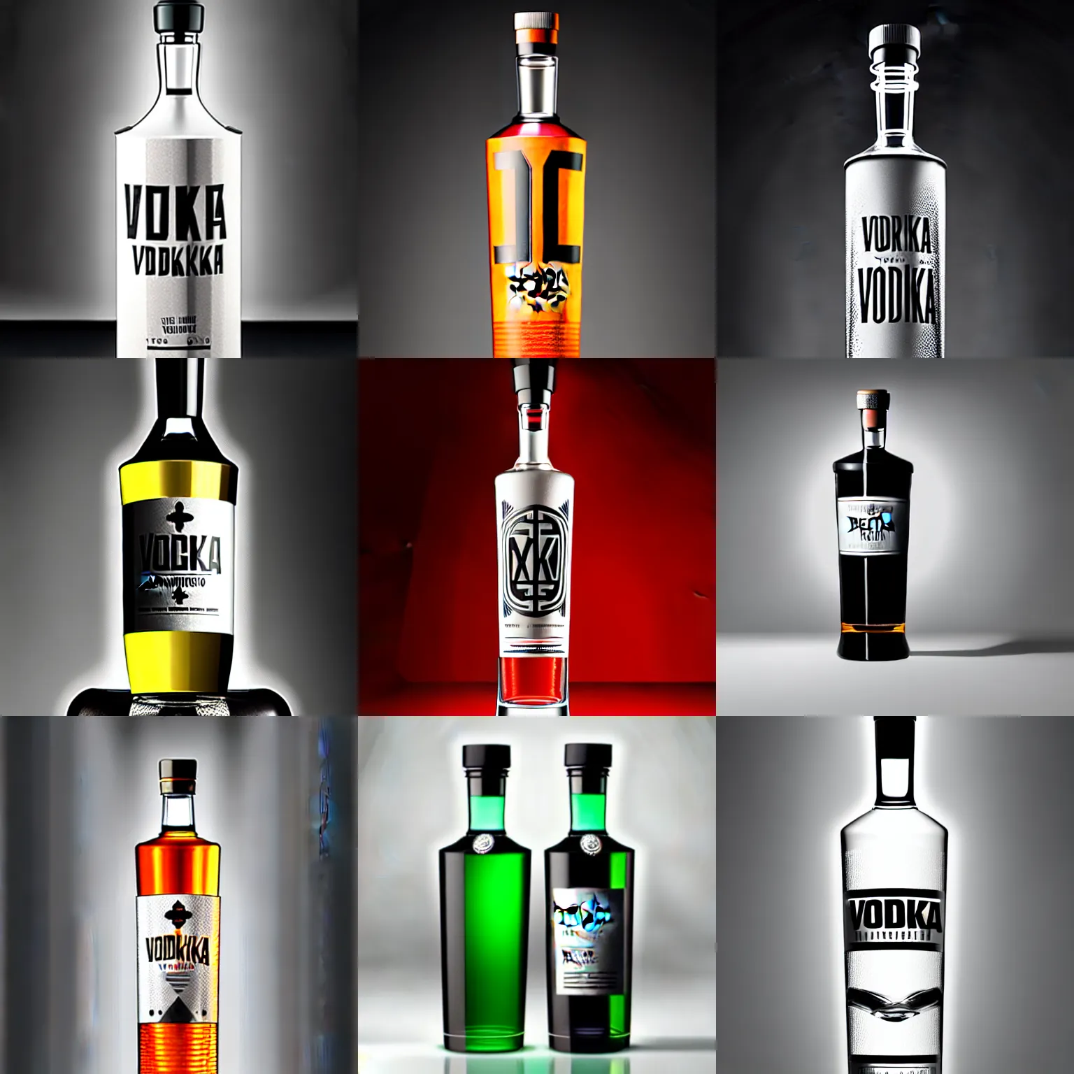 Prompt: a bottle of vodka with modern label design, studio lighting, product shot, thedieline, behance, packaging award
