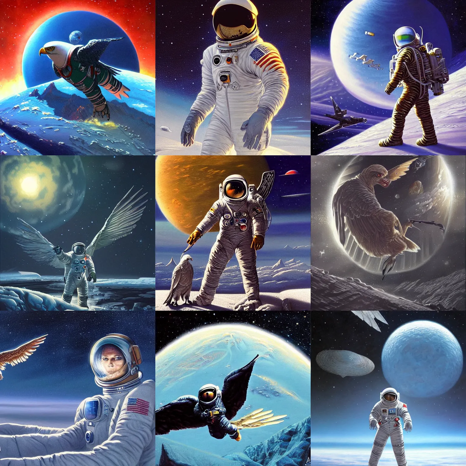 Prompt: a male astronaut eagle hybrid in a spacesuit, winged astronaut, on an icy planet, sci-fi concept art by David A Hardy, artstation, pixiv
