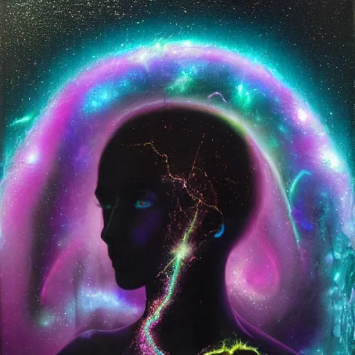 Image similar to psychic link between two beings in love, iridescent glitter liquid metal, space, nebula, marble, dark black background, neon glow, by mohrbacher and dali