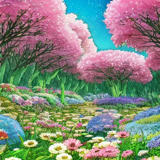 Image similar to flower forest background made by studio ghibli, beautiful scene, creatures