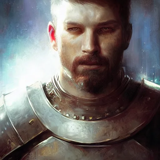 Prompt: a portrait of a knight by raymond swanland