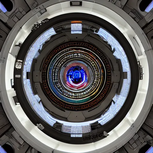 Prompt: highly detailed inside of a sci-fi spaceship, a big circular window shows another sci-fi space ship, 8k