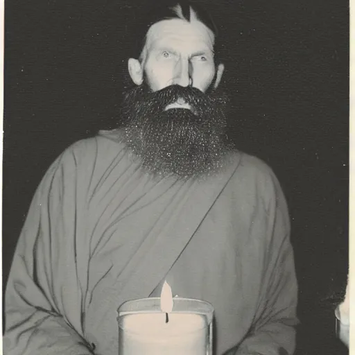 Image similar to trail _ camera _ photo _ of _ a _ breaton monks looking like rasputin with lit candles and a goat _ realistic _ spooky _ grimdark _ night _ black _ and _ white, polaroid