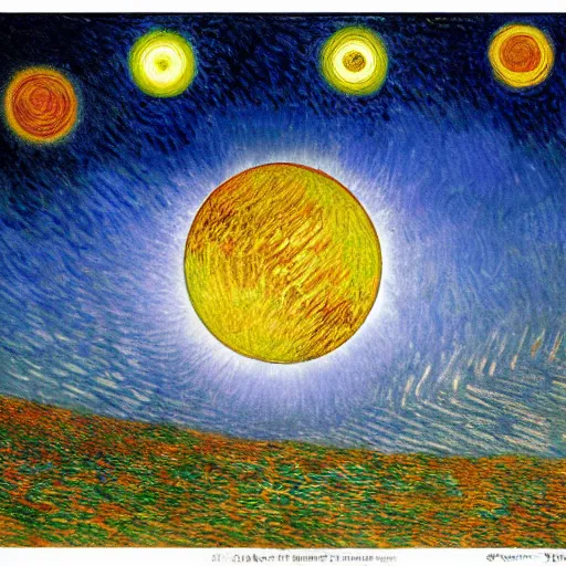 Image similar to stars, solar eclipse, looming over the earth, hdr, hq, painting by gustave dore and vincent van gogh and claude monet