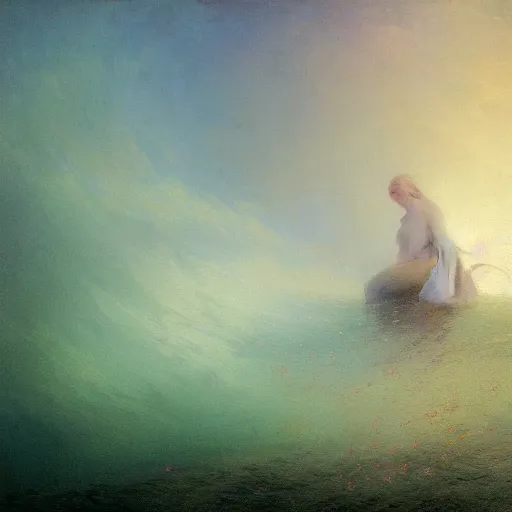 Image similar to a woman swimming underwater by Ivan Aivazovsky and Odilon Redon, skin flaking off like burnt paper, different colored multicolored eyes, long flowing hair underwater, imagination cosmic dream, dreamy, 8k bokeh, award winning , trending on artstation,