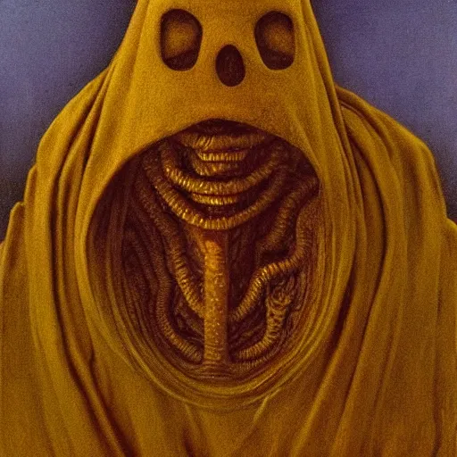 Image similar to Hastur the King in Yellow mummified monarch by Zdzisław Beksiński, high quality painting