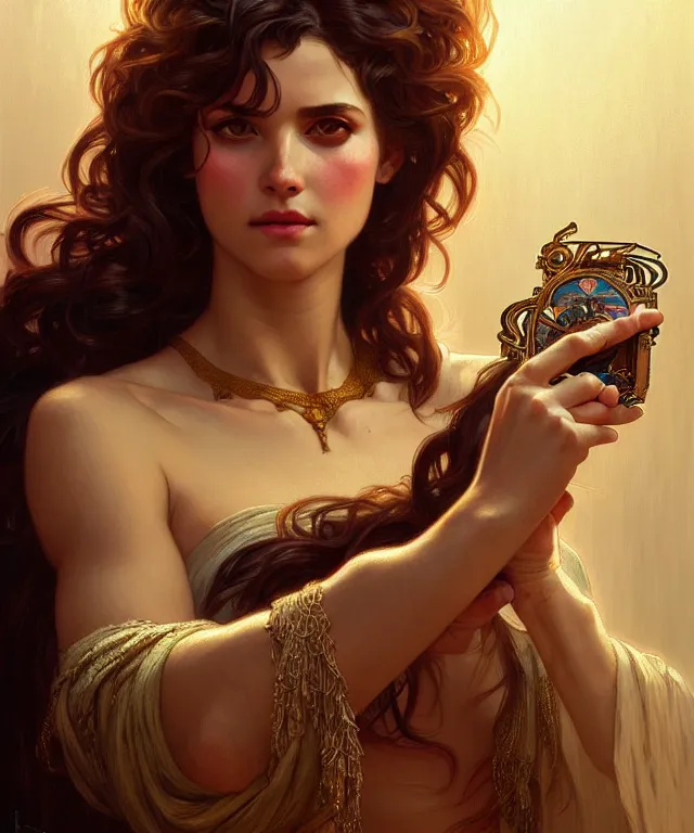 Prompt: portrait of biblical delilah holding a lock of hair and shears, intricate, headshot, highly detailed, digital painting, artstation, concept art, sharp focus, cinematic lighting, illustration, art by artgerm and greg rutkowski, alphonse mucha, cgsociety