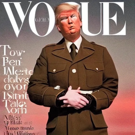 Image similar to Donald Trumpy as a soldier on the cover of the Vogue magazine