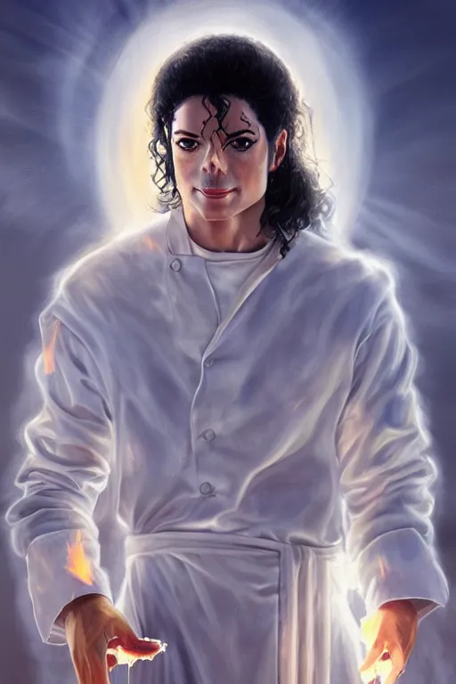 Image similar to white michael jackson cooking a bbq as a heavenly angel, anatomy, bathed in light, highly detailed, photorealistic, artstation, smooth, sharp focus, illustration, unreal engine 5, 8 k, art by artgerm and greg rutkowski and edgar maxence