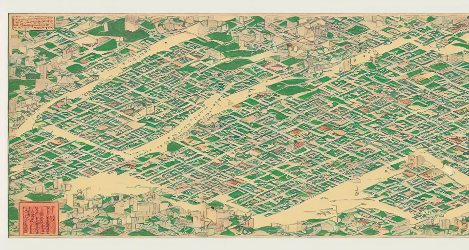 Image similar to 3 d isometric information map of a city island. time series charts, pie plots and other modern graphics. diego rivera ( ukiyo - e influence ). botanical illustration. hyperdetailed.