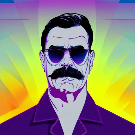 Image similar to portrait of tom selleck with light blue shutter shades in front of a sunset, a dark purple leather jacket, vector art by jan tengnagel, pixabay contest winner, retrofuturism, retrowave, synthwave, outrun