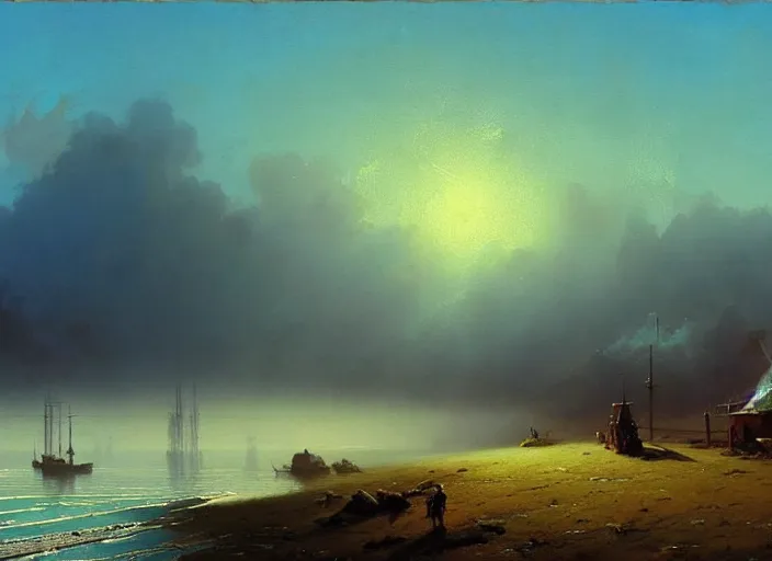 Image similar to blue - turquoise fog in a sunny wasteland, hyperrealism, no blur, 4 k resolution, ultra detailed, style of asher brown durand, ismail inceoglu, robert mccall, ivan aivazovsky, syd mead