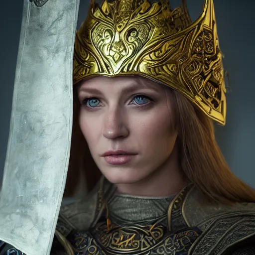 Image similar to the elder scrolls vi, charismatic regal blonde high elf female jarl, portrait, exquisitely designed throne room, atmospheric lighting, painted, intricate, volumetric lighting, beautiful, daytime, sunny weather, slight overcast, sharp focus, deep colours, ultra detailed, by leesha hannigan, ross tran, thierry doizon, kai carpenter, ignacio fernandez rios