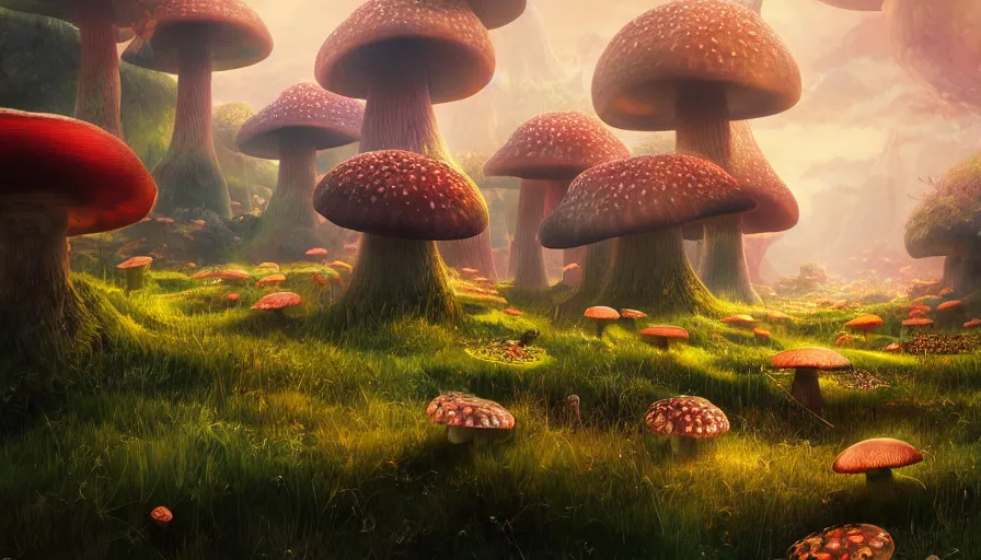 Image similar to A highly detailed digital art painting of a caustic poison mushroom landscape by from software, Makoto Shinkai, by Artgerm, by beeple, volumetric lighting, octane render, 4K resolution, trending on artstation, masterpiece, vivid colours