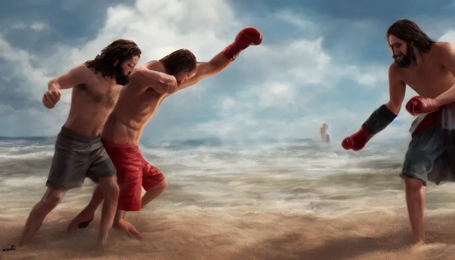 Prompt: jesus christ fighting a blind man on the beach, hyperrealistic, 8k, artstation, cgsociety