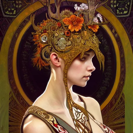 Prompt: a portrait of a female dear hybrid, upper half portrait, decorated with russian motifs, russian shaman, siberia, traditional russia, intricate, elegant, highly detailed, symmetry, headpiece, digital painting, artstation concept art smooth sharp focus, illustration, art by artgerm and greg rutkowski alphonse mucha 8 k