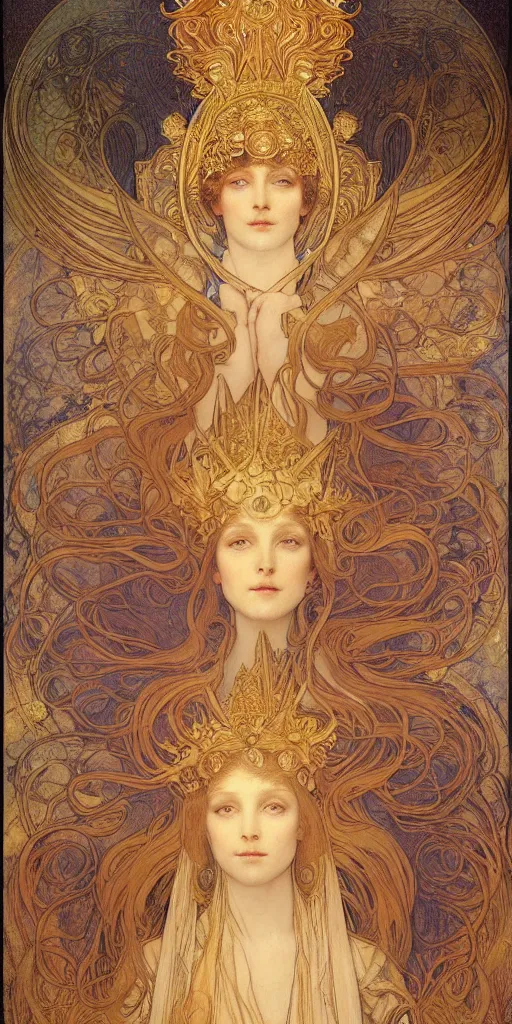 Image similar to portrait burning saint woman, venus, athena, halo, queen, by alphons mucha and annie swynnerton and jean delville, strong dramatic cinematic lighting, ornate headdress, flowing robes, spines, flowers, stars, lost civilizations, smooth, sharp focus, extremely detailed, marble, gold, space