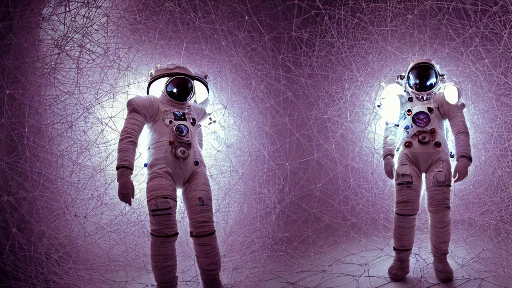 Image similar to a cybernetic symbiosis of a single astronaut eva suit made of pearlescent wearing knitted yarn thread infected with diamond 3d fractal lace iridescent bubble 3d skin covered with stalks of insectoid compound eye camera lenses floats through the living room, film still from the movie directed by Denis Villeneuve with art direction by Salvador Dalí, wide lens,