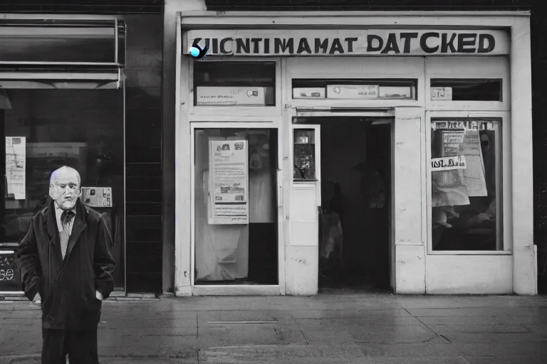 Image similar to an ultra realistic cinematic headshot portrait of an evil scientist, stood outside a corner shop, foggy, detailed, deep focus, movie still, dramatic lighting, by fay godwin