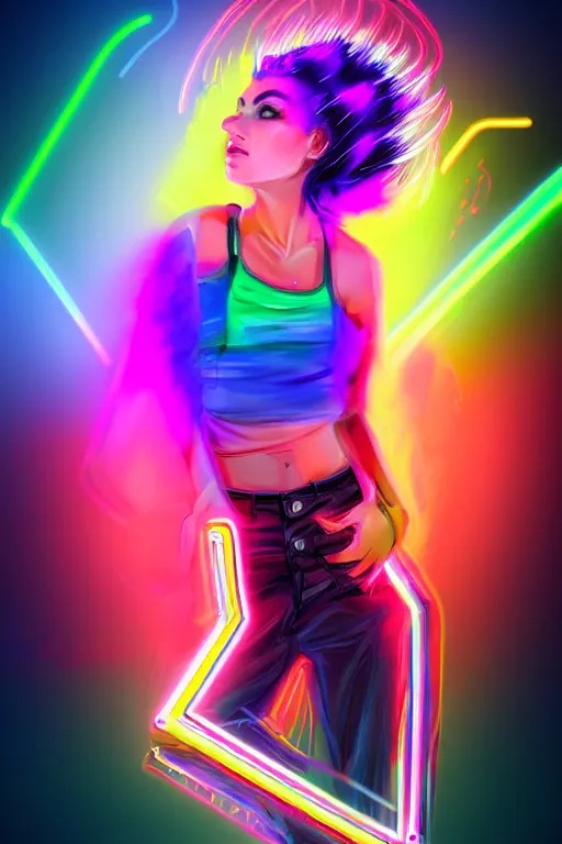 Image similar to a award winning half body portrait of a beautiful woman with stunning eyes in a croptop and cargo pants with rainbow colored ombre hairstyle head in motion and hair flying by thomas danthony, surrounded by whirling illuminated neon lines, outrun, vaporware, shaded flat illustration, digital art, trending on artstation, highly detailed, fine detail, intricate