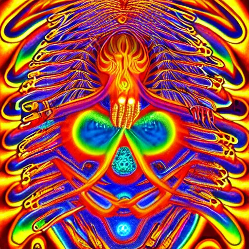 Image similar to three - headed robotic flaming hell chicken, sacred geometry, alchemy, secrets of the merkabah, psychedelic, in the style of alex grey and lisa frank