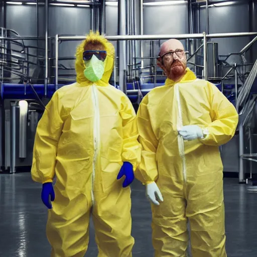 Prompt: Gene Wilder and Walter White in yellow hazmat suits, in the chocolate factory, photorealism, 8k