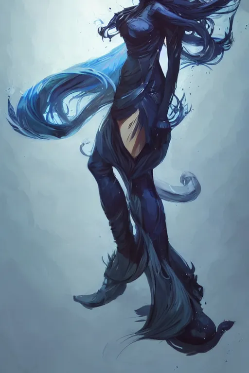 Image similar to fullbody!! dynamic action pose illustration, art by artgerm and greg rutkowski, beautiful woman with blue hair, antlers on her head, long flowing intricate black dress, dnd, face, fantasy, intricate, elegant, highly detailed, digital painting, artstation, concept art, smooth, sharp focus,