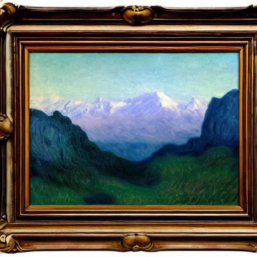 Prompt: achingly beautiful painting of alpine mountains and dramatic soft couds, dramatic twilight by rene magritte, monet, and turner