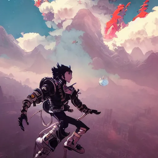 Prompt: moonwalker, like genji up in the clouds, filthy as charge, anime, retro punk, moonscape of the fifth dimensional rift into alt punk, by hayao miyazaki and rossdraws and artgerm and greg rutkowski and studio trigger, high quality, stunning, intricate detailed environment. 8 k