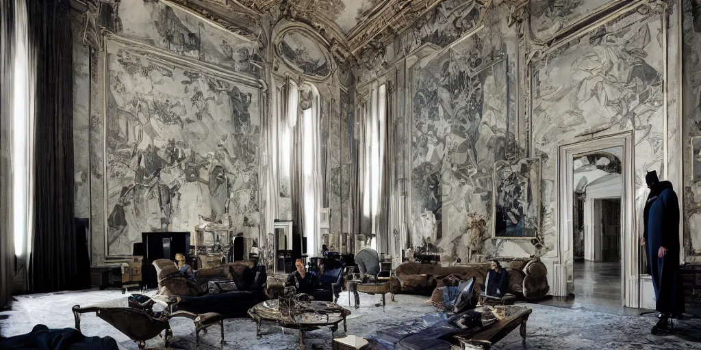 Prompt: Batman standing in a giant Italian modern castle living room, clean minimalist design, that is 1300 feet tall, with very tall giant walls filled with modern art paintings, doors that are cosmic portals, photo by Annie Leibovitz