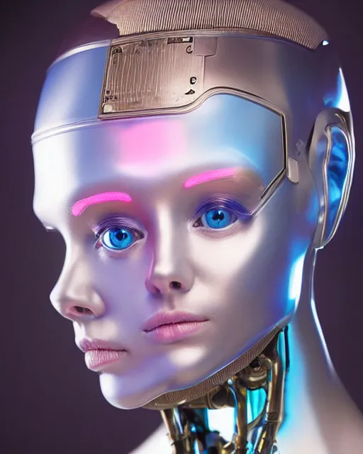 Image similar to natural light, soft focus portrait of a cyberpunk anthropomorphic female robot with soft synthetic pink skin, blue bioluminescent plastics, smooth shiny metal, elaborate ornate head piece, skin textures, by annie leibovitz, paul lehr