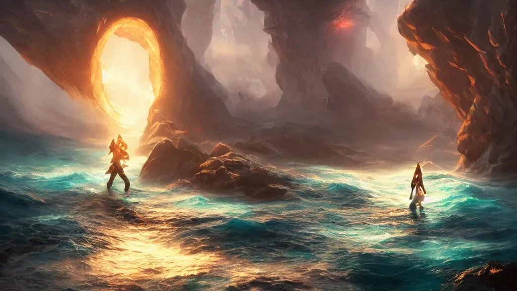 Prompt: a magical portal with glowing runes made of pure energy is opening at the surface of the ocean, dramatic lighting, dynamic lighting, cinematic lighting, by krenz cushart and artgerm, unreal engine, featured on artstation