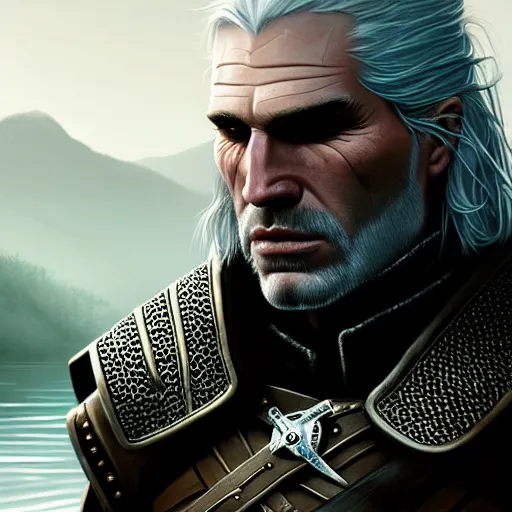 Image similar to geralt of rivia portrait, dramatic light, lake background, 2 0 0 mm focal length, painted by stanley lau, painted by greg rutkowski, painted by stanley artgerm, digital art, trending on artstation