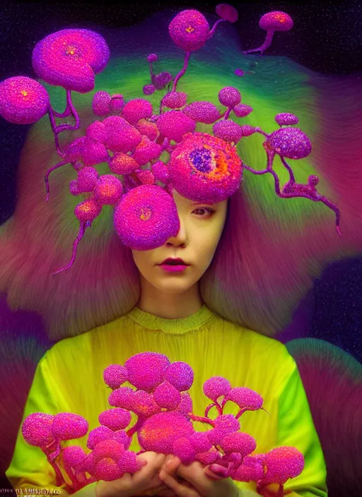 Image similar to hyper detailed 3d render like a Oil painting - kawaii Aurora (Singer) seen Eating of the Strangling network of colorful yellowcake and aerochrome and milky Fruit and Her delicate Hands hold of gossamer polyp blossoms bring iridescent fungal flowers whose spores black the foolish stars by Jacek Yerka, Mariusz Lewandowski, Houdini algorithmic generative render, Abstract brush strokes, Masterpiece, Edward Hopper and James Gilleard, Zdzislaw Beksinski, Mark Ryden, Wolfgang Lettl, Dan Hiller, hints of Yayoi Kasuma, octane render, 8k