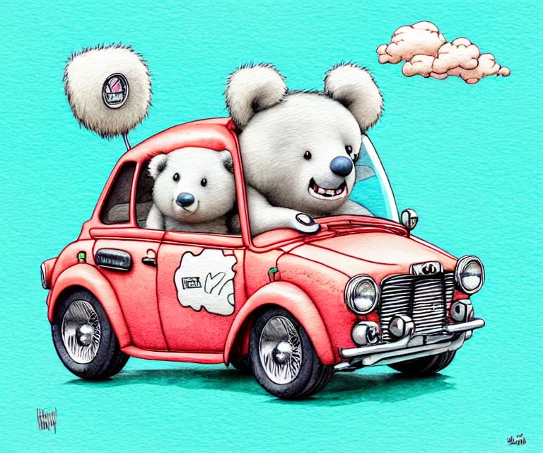 Image similar to cute and funny, koalabear with fuzzy ears riding in a tiny hot rod with an oversized engine, ratfink style by ed roth, centered award winning watercolor pen illustration, isometric illustration by chihiro iwasaki, edited by range murata, tiny details by artgerm and watercolor girl, symmetrically isometrically centered, sharply focused