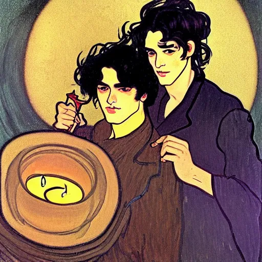 Image similar to painting of young cute handsome beautiful dark medium wavy hair man in his 2 0 s named shadow taehyung and cute handsome beautiful min - jun together at the halloween party, bubbling cauldron, candles, smoke, tarot, autumn colors, elegant, stylized, soft facial features, delicate facial features, art by alphonse mucha, vincent van gogh, egon schiele