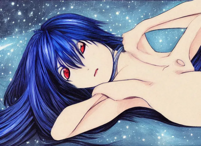 Image similar to a woman with blue hair laying on the ground with her head down, a detailed painting by rei kamoi, featured on pixiv, space art, official art, anime, toonami