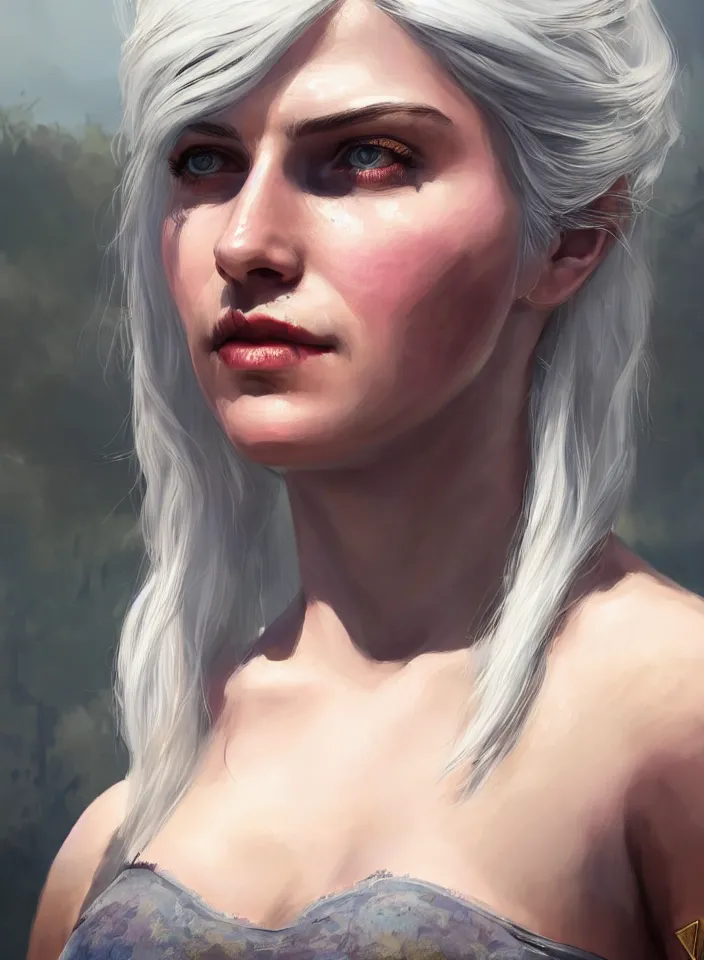 Prompt: a half portrait of ciri from the witcher 3 wearing a white sundress in fallout 4, platinum hair, fantasy setting, beautiful face, warm colors, serene lighting, atmospheric, cinematic, moody, in the style of diego koi, gina heyer, luiz escanuela, art by alyssa monk, hyperrealism, rule of thirds, golden ratio, oil on canvas, 8 k