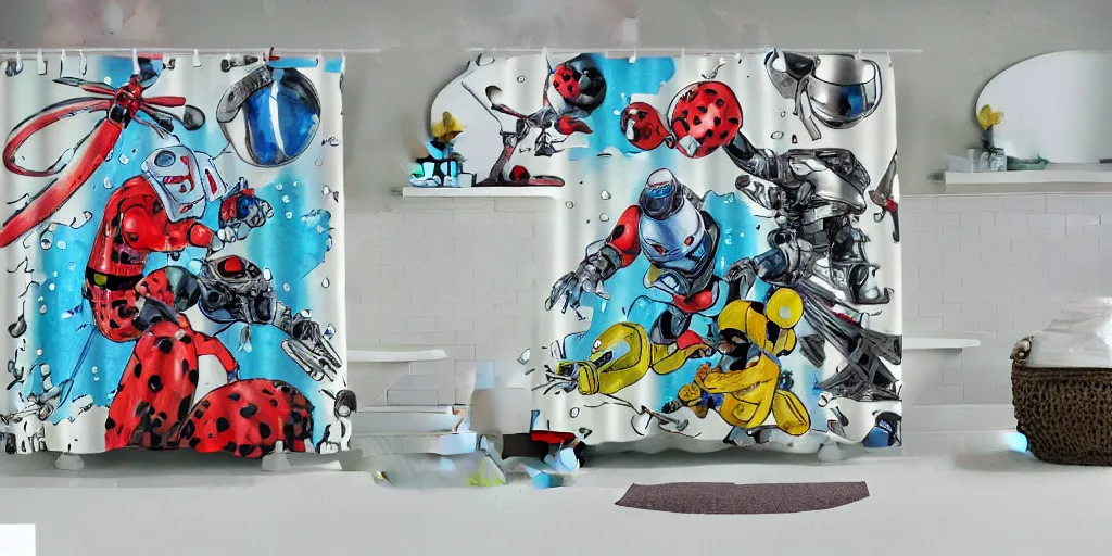 Prompt: shower curtain product catalog. wide - angle photo. on the curtain is a low - angle hero - shot watercolor of a ladybug robot. the robot has an epic fight with darth vader ( obi - wan kenobi ). the water color has ink under drawing. wide - angle product photography of a shower curtain, product lighting. 4 k, highly detailed. saturated.