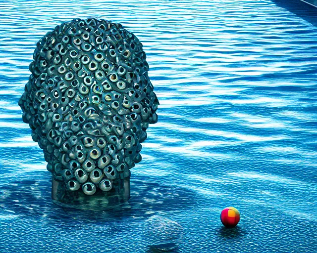 Image similar to a long shot of a giant award winning sculpture made out of billiard balls of a human head on the surface of the ocean, in the style of chad knight, hyper detailed, hyper realistic, ray tracing, 8 k resolution, sharp focus, realistic water