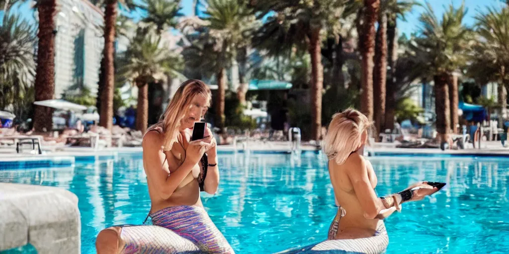 Image similar to a beautiful mermaid in a las vegas pool looking at her phone really annoyed, candid, street photography