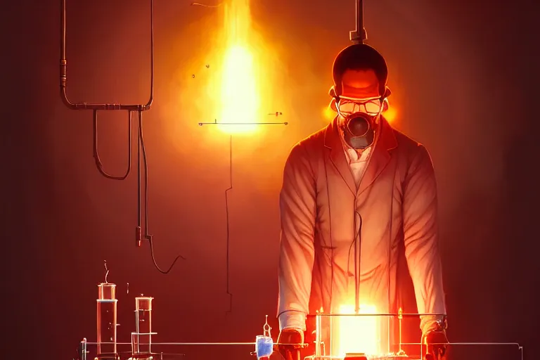 Prompt: symmetry!! scientist performing a explosive experiment by artgerm greg rutkowski and andreas rocha, cinematic lighting, highly detailed, warm colours, 8 k