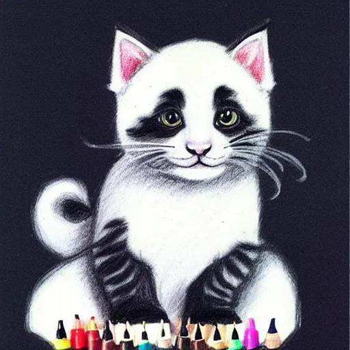 Image similar to child drawning of a cute kitten with panda body and cat face, crayon