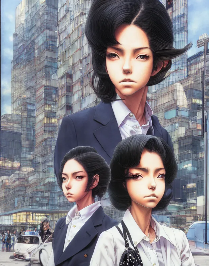 Image similar to portrait of a snobby rich mexican girl standing at a bus stop, by katsuhiro otomo, yoshitaka amano, nico tanigawa, and artgerm rendered with 3 d effect, sweet artpiece.