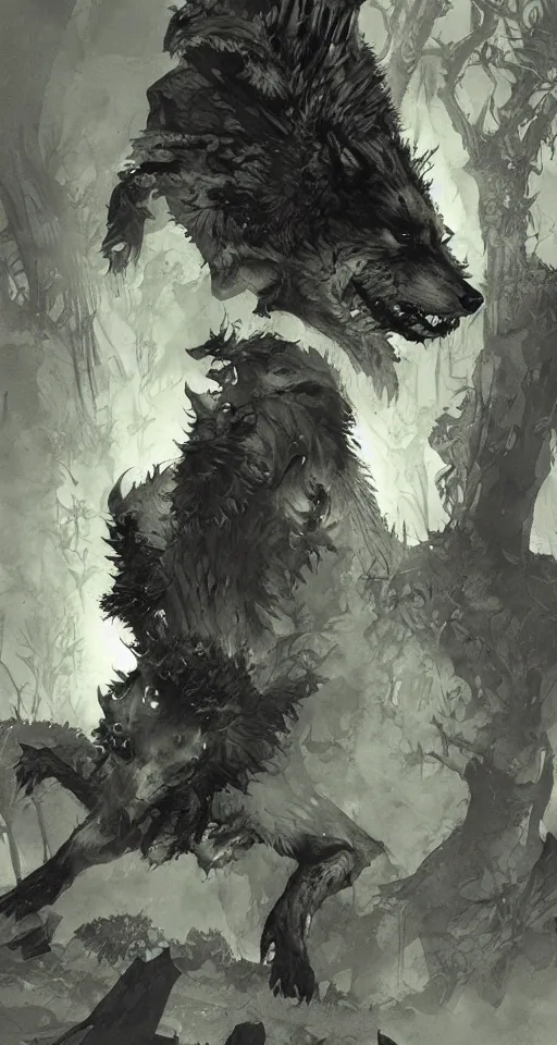 Image similar to king of the wolves. By Travis Charest, James Gurney, and Ashley Wood. dramatic lighting. Magic the gathering. digital painting.