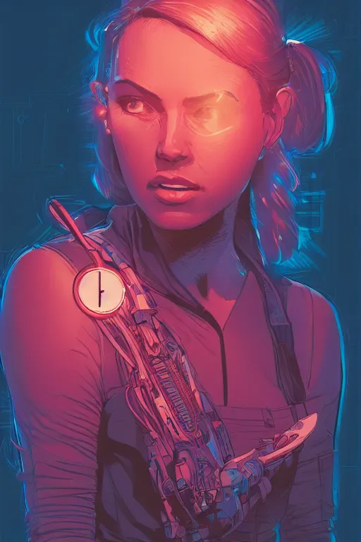 Image similar to portrait of a girl with a biomechanic scale fish and neon light by Laurie Greasley and Greg Rutkowski , digital painting, highly detailed, trending on artstation