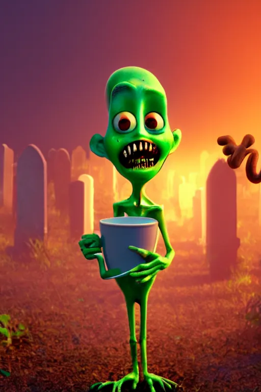 Image similar to a funny zombie character with big eyes holding a cup of coffee on a cemetery at night. pixar disney 4 k 3 d render movie oscar winning trending on artstation and behance. ratatouille style.